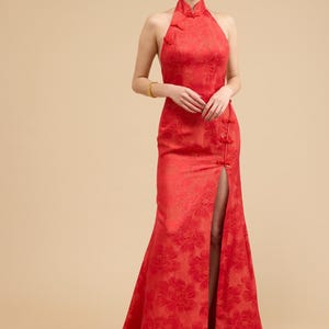 Red Halter Top Qipao (Sample), Gold Floral Pattern, Chinese Wedding Dress, Tea Ceremony Cheongsam