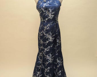 Cheongsam azul con top halter, brocado de flor de cerezo, qipao de boda chino, vestido para la ceremonia del té