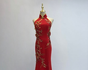 Modern Halter Top Cheongsam, Custom Chinese Wedding Dress, Red Qipao, Tea Ceremony Dress, Red Gold Floral Cheongsam, Open Back Qipao Dress