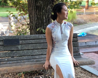 Cheongsam blanco moderno personalizado / Vestido cheongsam / Qipao personalizado / Vestido chino personalizado / Vestido de boda chino / Vestido qipao para ceremonia del té