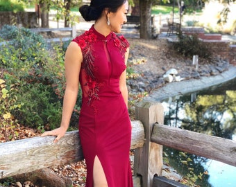 Cheongsam rojo moderno personalizado / Vestido cheongsam / Qipao personalizado / Vestido chino personalizado / Vestido de boda chino / Vestido qipao para ceremonia del té