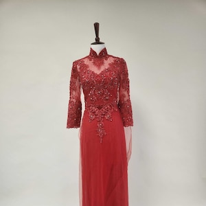 Vietnamese Sample Wedding Dress, Red Ao Dai, Traditional Ao Dai for Women, áo dài cách tân, Ao Dai Cuoi, Red Bridal Tea Ceremony Dress