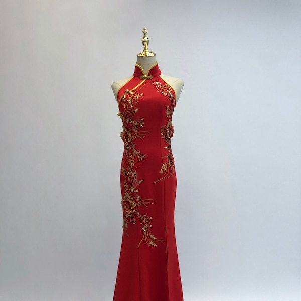 Modern Halter Top Cheongsam, Custom Chinese Wedding Dress, Red Qipao, Tea Ceremony Dress, Red Gold Floral Cheongsam, Open Back Qipao Dress