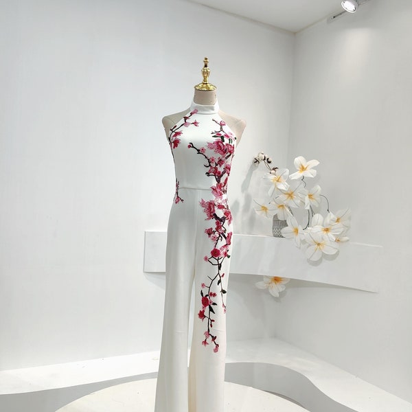 Halter Top Wedding Jumpsuit, White Floral Chinese Jumpsuit, Cheongsam Jumpsuit, Qipao Jumpsuit, Chinese Wedding Jumpsuit, White Jumpsuit