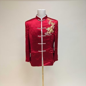 Tang Suit Jacket Sample, Red Chinese Wedding Jacket, Groom Tang Suit, Chinese Groom Jacket, Chinese Changshan, Men&#39;s Cheongsam, Gold Dragon