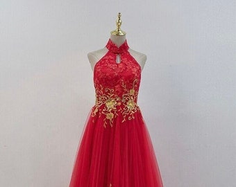 Halter Top Chinese Wedding Dress, Red Cheongsam, Red Gold Qipao, Modern Bridal Dress, Chinese Tea Ceremony Wedding Dress, Formal Attire