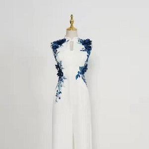 Modern Chinese Wedding Jumpsuit, White Blue Cheongsam Jumpsuit, Contemporary Bridal Qipao, Chinese Tea Ceremony Outfit, Floral Embroidery