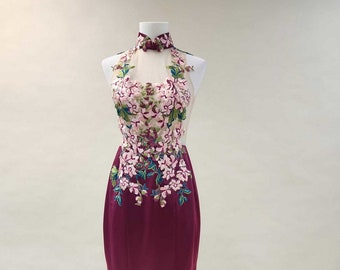 Halter Top Cheongsam Dress, Modern Qipao Dress, Chinese Wedding Dress, Custom Cheongsam, Chinese Tea Ceremony Dress, Floral Mermaid Dress