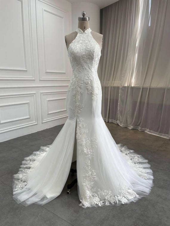 White Wedding Dress, Chinese Lace Wedding Dress, Modern Cheongsam, Custom Qipao, White Lace Wedding Dress, Halter White Lace Mermaid Dress White Wedding Dress, Chinese Lace Wedding Dress, Modern Cheongsam, Custom Qipao, White Lace Wedding Dress, Halter White Lace Mermaid Dress