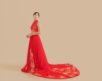 Chinese Wedding Dress | Modern Qipao | Red Cheongsam Wedding Dress | Traditional Chinese Dress | Bridal Qipao Dress Tea Ceremony