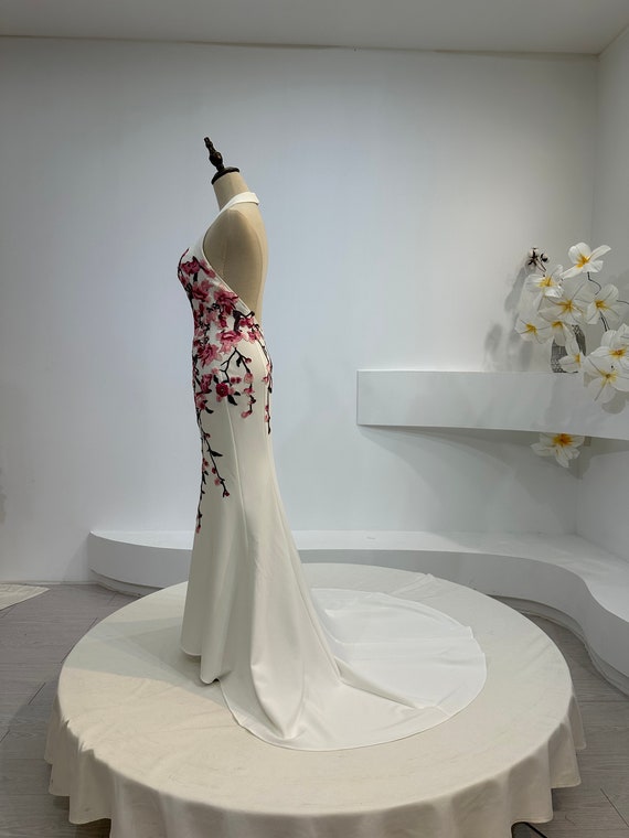 White Halter Cheongsam Wedding Dress, White Floral Chinese