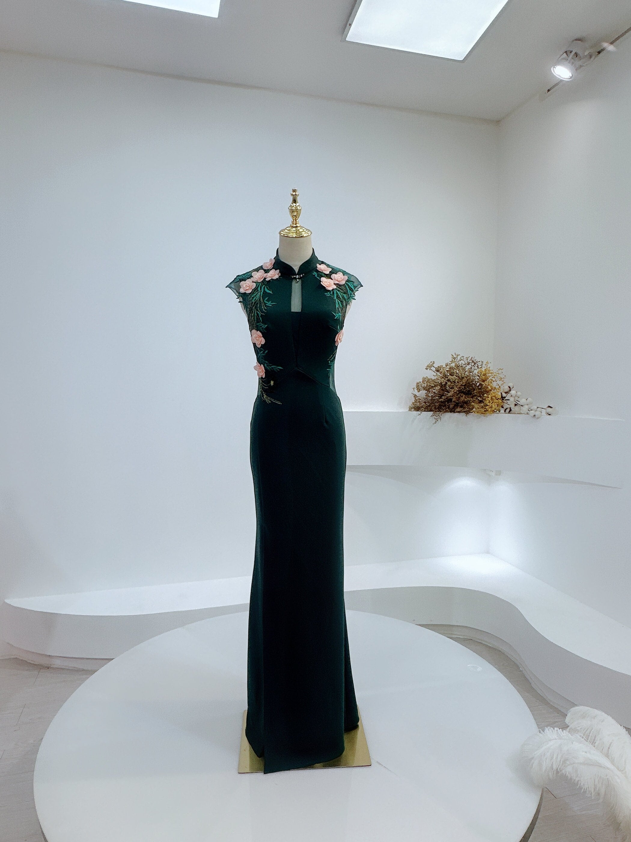 Green Modern Cheongsam, Custom Qipao, Chinese Dress, Green & Pink Floral Cheongsam, Chinese Tea Ceremony Dress, Chinese Wedding Dress