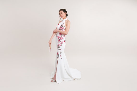white cheongsam dress