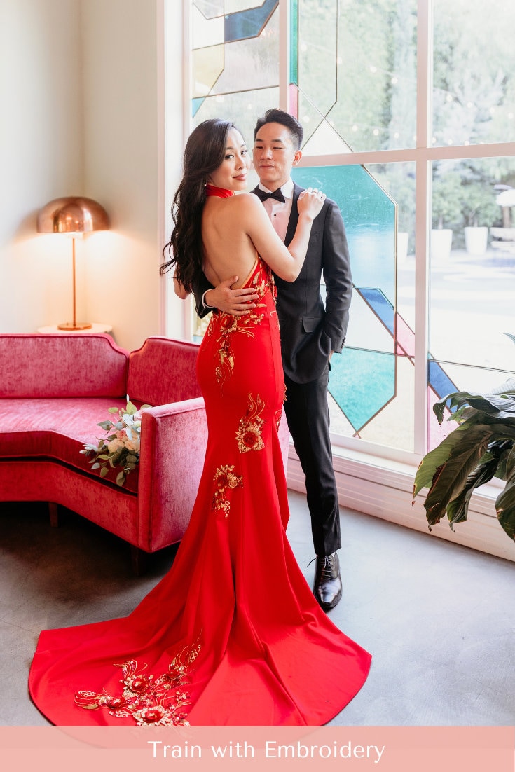 Modern Halter Top Cheongsam, Custom Chinese Wedding Dress, Red Qipao, Tea Ceremony Dress, Red Gold Floral Cheongsam, Open Back Qipao Dress Modern Halter Top Cheongsam, Custom Chinese Wedding Dress, Red Qipao, Tea Ceremony Dress, Red Gold Floral Cheongsam, Open Back Qipao Dress