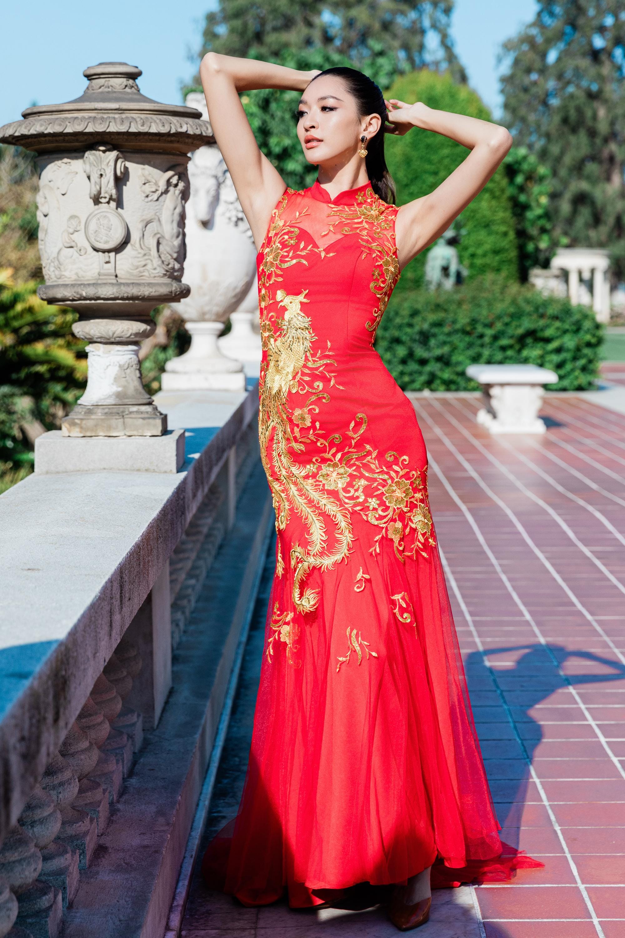 Chinese Wedding Dress, Red Cheongsam Dress, Red Gold Qipao Dress, Tea Ceremony Dress, Gold Phoenix & Floral Embroidery, Red Mermaid Dress