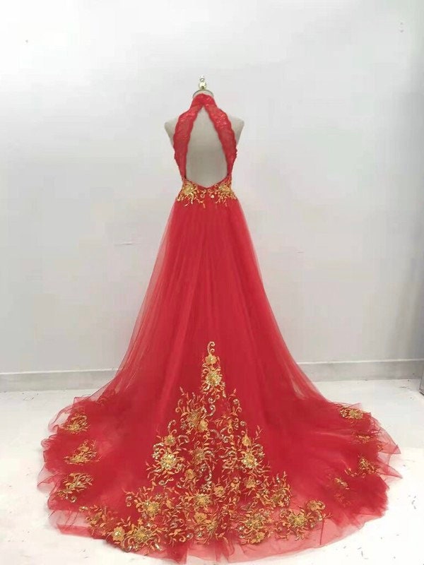chinese dress ladies Red/Gold Upscale Fantasy Belle Gown with Flowers Medium main image 1