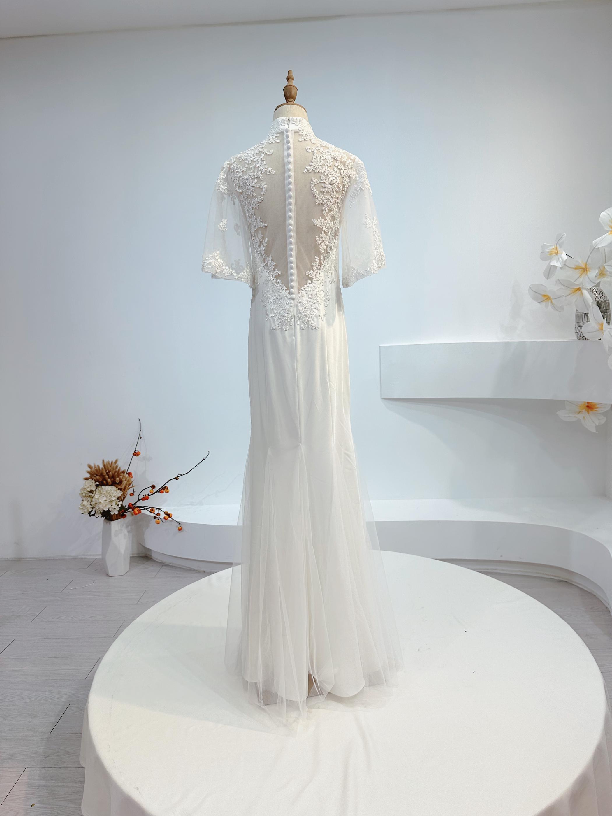 White Chinese Wedding Dress, Modern Lace Cheongsam, Cheongsam Qipao Bridal Dress, White Lace Wedding Dress, Chinese Tea Ceremony Dress