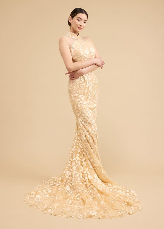 Modern Qipao | Gold Cheongsam Dress | Modern Chinese Wedding Dress | Chinese Dress | Champagne Qipao Dress Tea Ceremony Modern Qipao | Gold Cheongsam Dress | Modern Chinese Wedding Dress | Chinese Dress | Champagne Qipao Dress Tea Ceremony