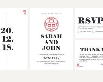 Invitación de boda china minimalista moderna digital / descargable doble felicidad china boda asiática invitar / chino ceremonia de té conjunto