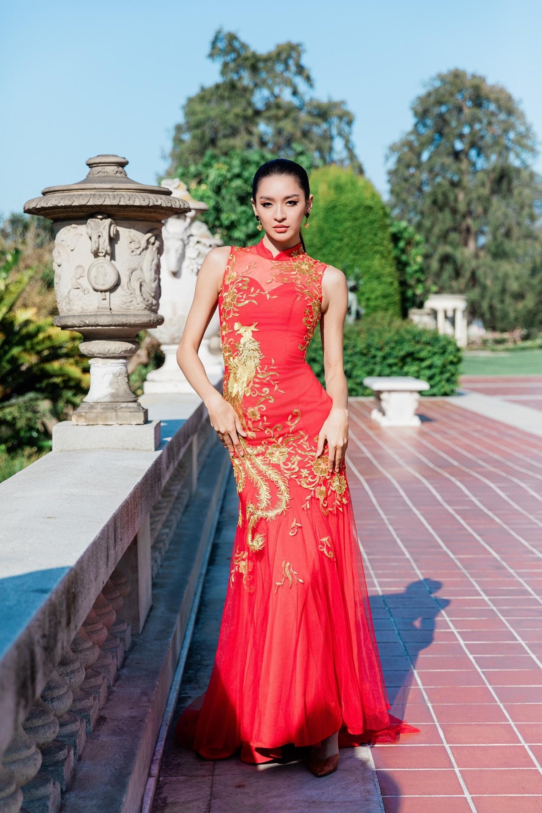 Chinese Wedding Dress, Red Cheongsam Dress, Red Gold Qipao Dress - Main Image