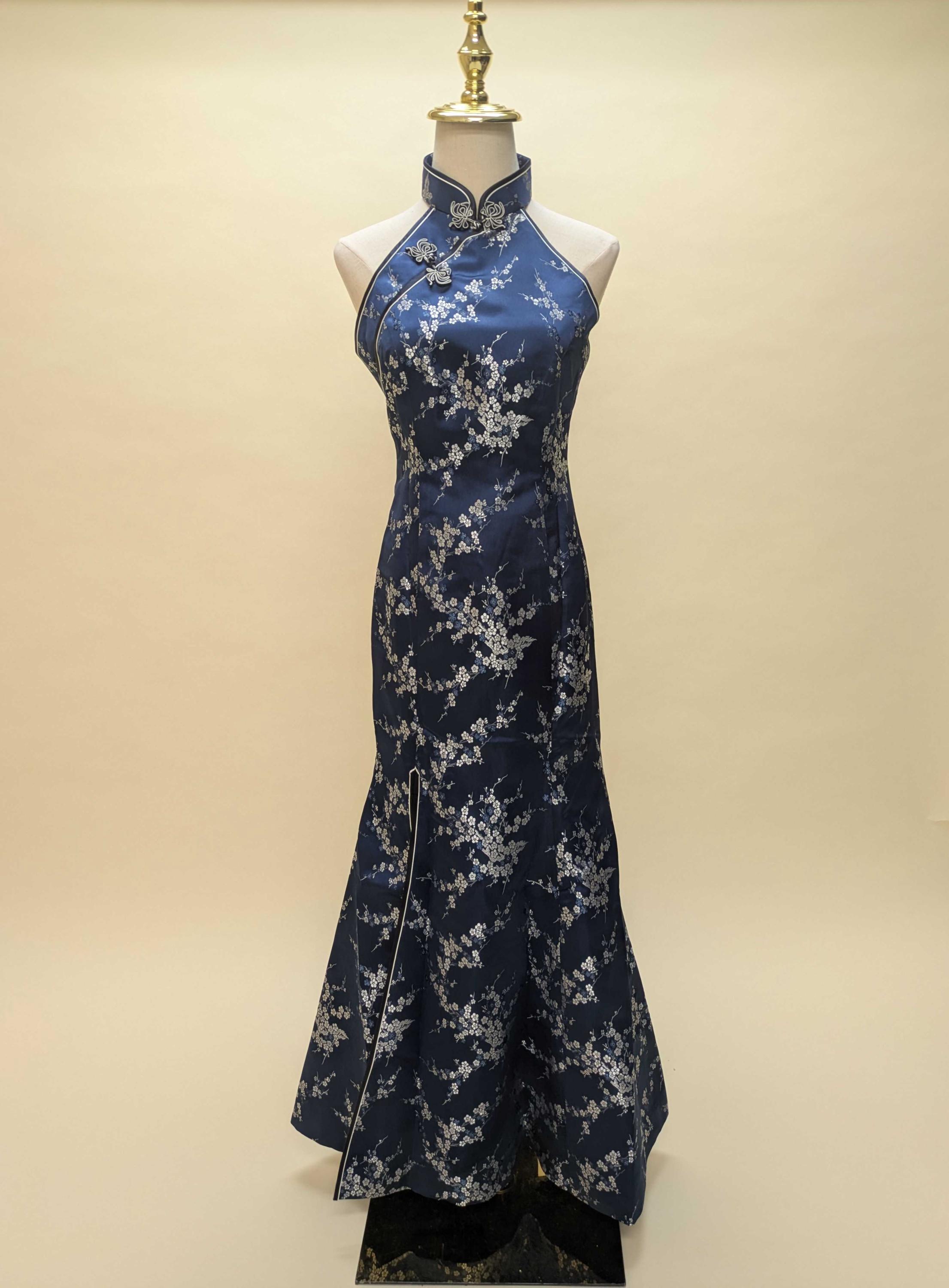 green emerald velvet dress Full Length Traditional Cheongsam Silk Chinese Dress with Floral Lace Edge