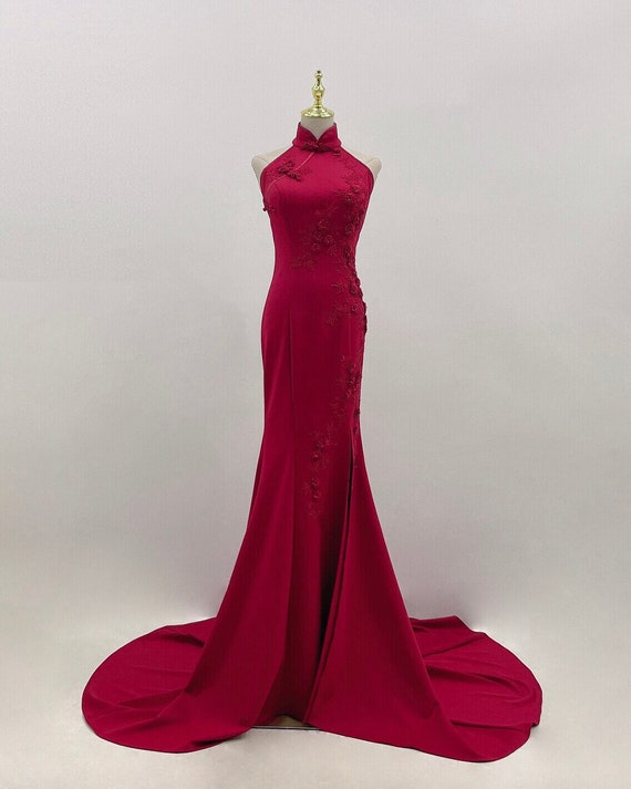 Halter Top Cheongsam, Red Chinese Wedding Dress, Modern Qipao, Custom  Cheongsam, Tea Ceremony Dress, Floral Embroidery, Mermaid Formal Dress -  Etsy