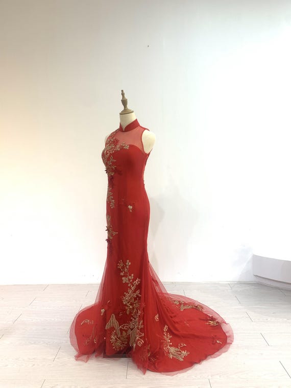 Red Chinese Wedding Dress, Modern Cheongsam Wedding Dress, Modern Lace Qipao, Gold Floral Embroidery, Tea Ceremony Dress, Red Formal Gown
