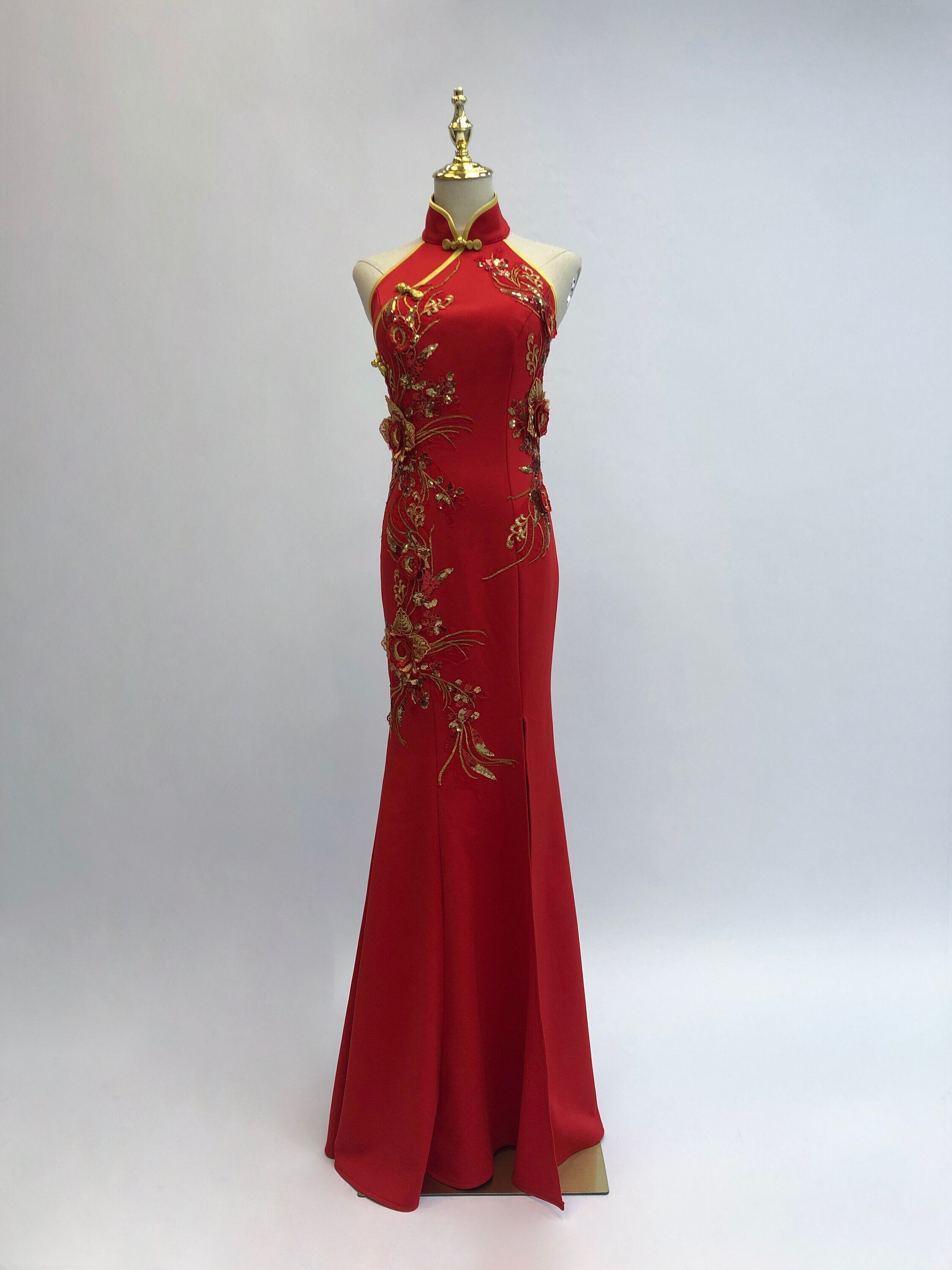 Modern Halter Top Cheongsam, Custom Chinese Wedding Dress, Red Qipao, Tea Ceremony Dress, Red Gold Floral Cheongsam, Open Back Qipao Dress