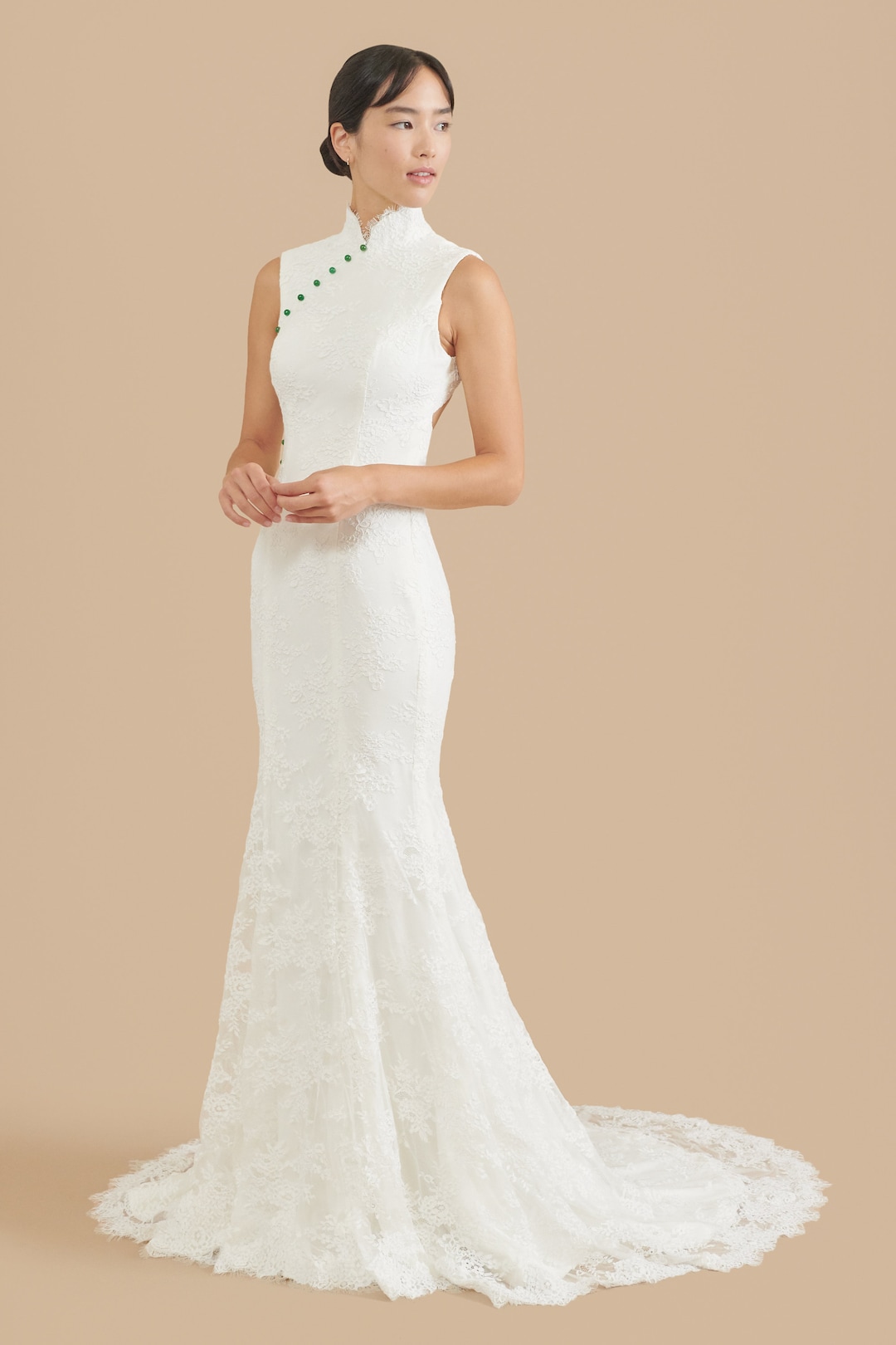White Lace Mermaid Cheongsam Wedding Dress, Jade Pearls, Custom Qipao — free download