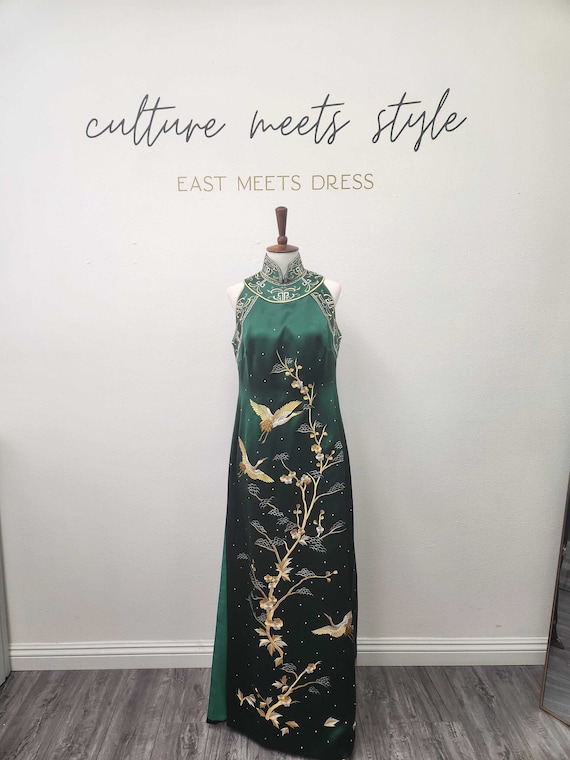 green emerald velvet dress Vintage Ink Green Chinese Ancient Architecture Printed Mid-sleeve Cheo –  BlueDail