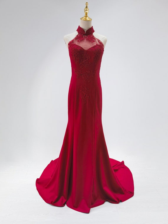 green emerald velvet dress GLS Prom Long Formal Dress Halter Neck Evening Gown - Red/Nude - Size Xs