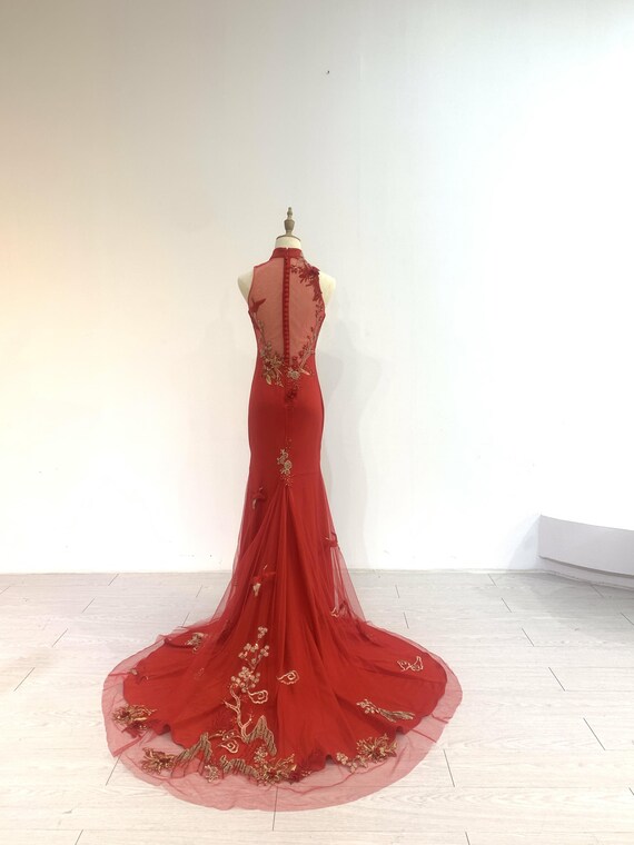 Red Chinese Wedding Dress, Modern Cheongsam Wedding Dress, Modern Lace  Qipao, Gold Floral Embroidery, Tea Ceremony Dress, Red Formal Gown - Etsy