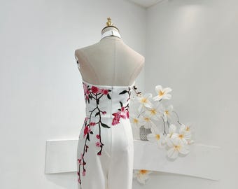 Halter Top Wedding Jumpsuit, White Floral Chinese Jumpsuit