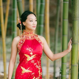 Halter Top Chinese Wedding Dress, Custom Cheongsam, Green & Gold Qipao ...