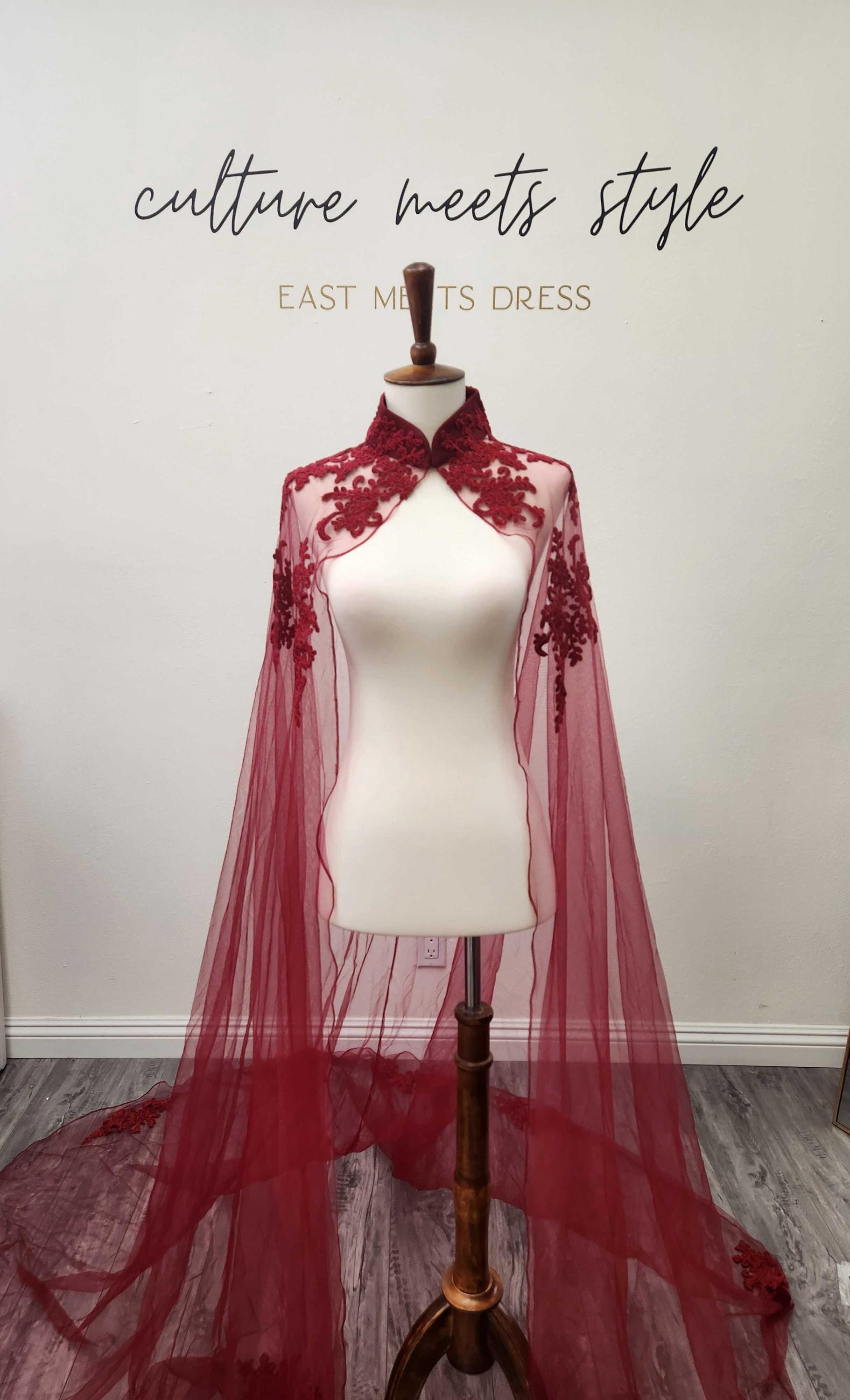 Cheongsam Cape, Chinese Wedding Veil, Modern Qipao Cape, Wine Red