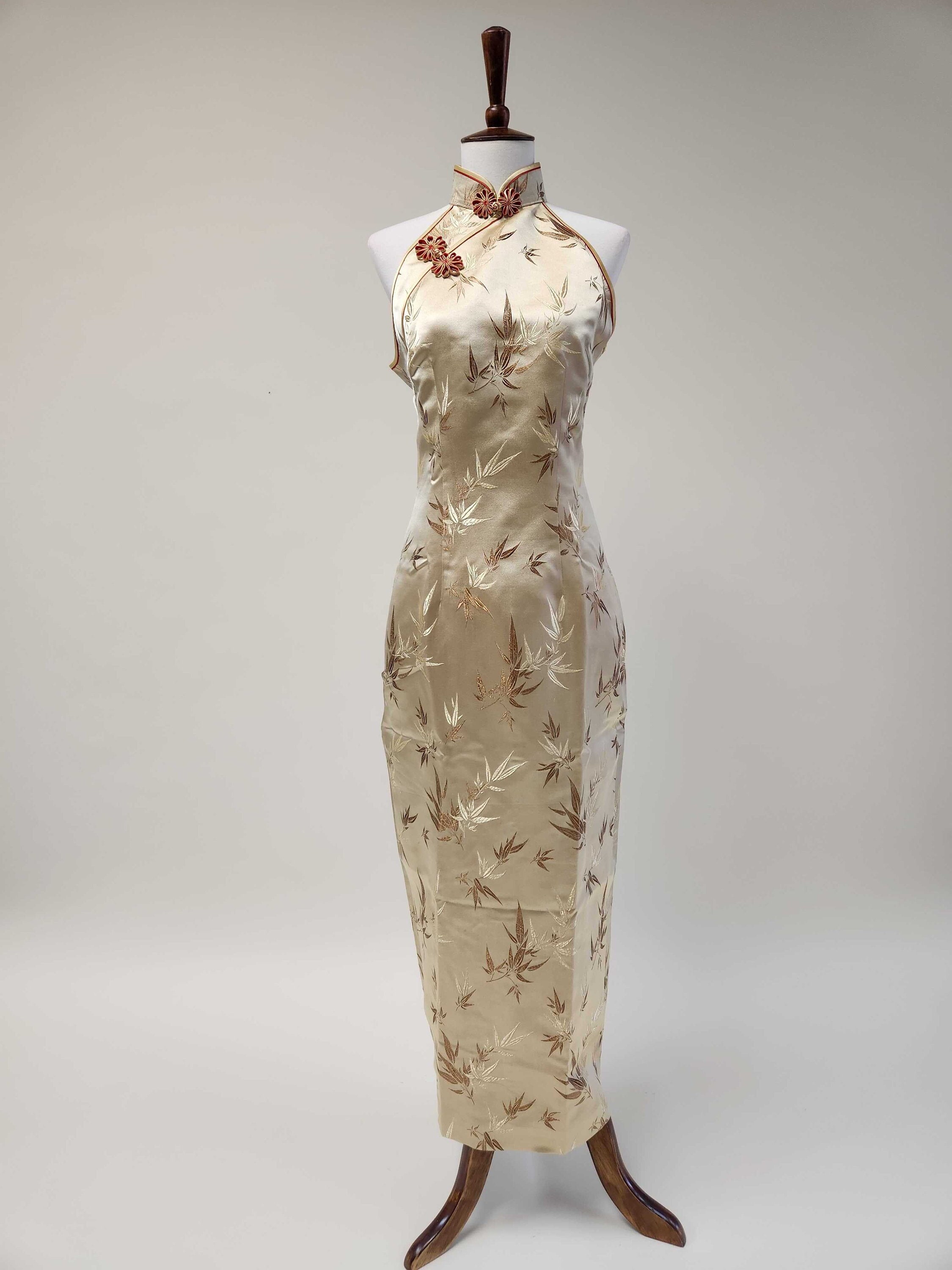 Custom Gold Chinese Wedding Dress, Gold Halter Top Cheongsam, Custom Brocade Qipao, Chinese Bridal Dress, Tea Ceremony Cheongsam Dress Custom Gold Chinese Wedding Dress, Gold Halter Top Cheongsam, Custom Brocade Qipao, Chinese Bridal Dress, Tea Ceremony Cheongsam Dress