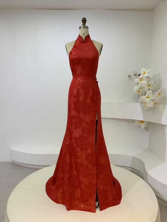 Red Halter Top Silk Cheongsam, Red Gold Chinese Wedding Dress
