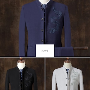 May include: Three mandarin collar suits with a dragon design on the right side of the jacket. The suits are in navy, black, and light gray.