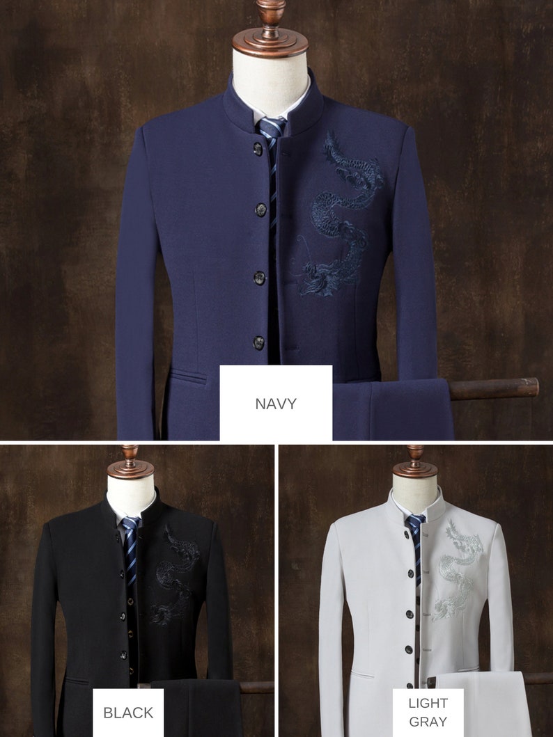 May include: Three mandarin collar suits with a dragon design on the right side of the jacket. The suits are in navy, black, and light gray.
