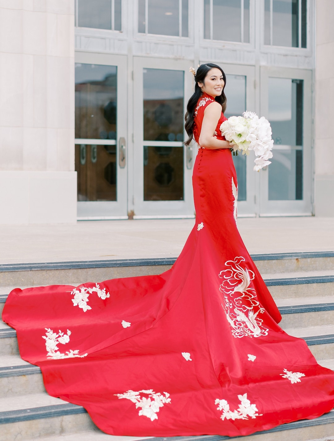 Modern Chinese Wedding Dress, Red Cheongsam, Custom Qipao, Chinese Tea Ceremony Dress, Red Bridal Dress, Gold Phoenix Dragon Embroidery Modern Chinese Wedding Dress, Red Cheongsam, Custom Qipao, Chinese Tea Ceremony Dress, Red Bridal Dress, Gold Phoenix Dragon Embroidery
