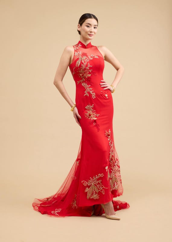 Chinese Wedding Dress | Modern Cheongsam | Cheongsam Qipao Dress | Traditional Red Qipao Dress | Tea Ceremony Mermaid Chinese Dress