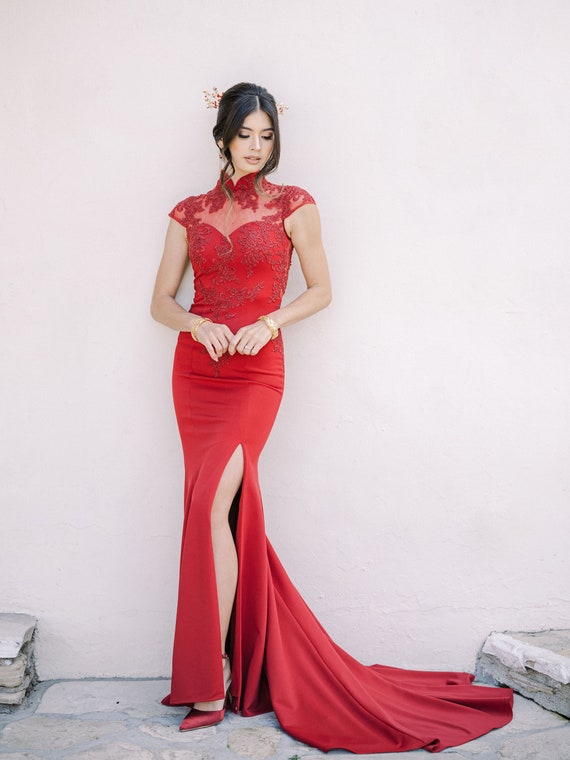 Modern Cheongsam Dress, Custom Chinese Wedding Dress, Red Floral Lace Qipao Dress, Bridal Mermaid Dress, Tea Ceremony Dress, Formal Gown