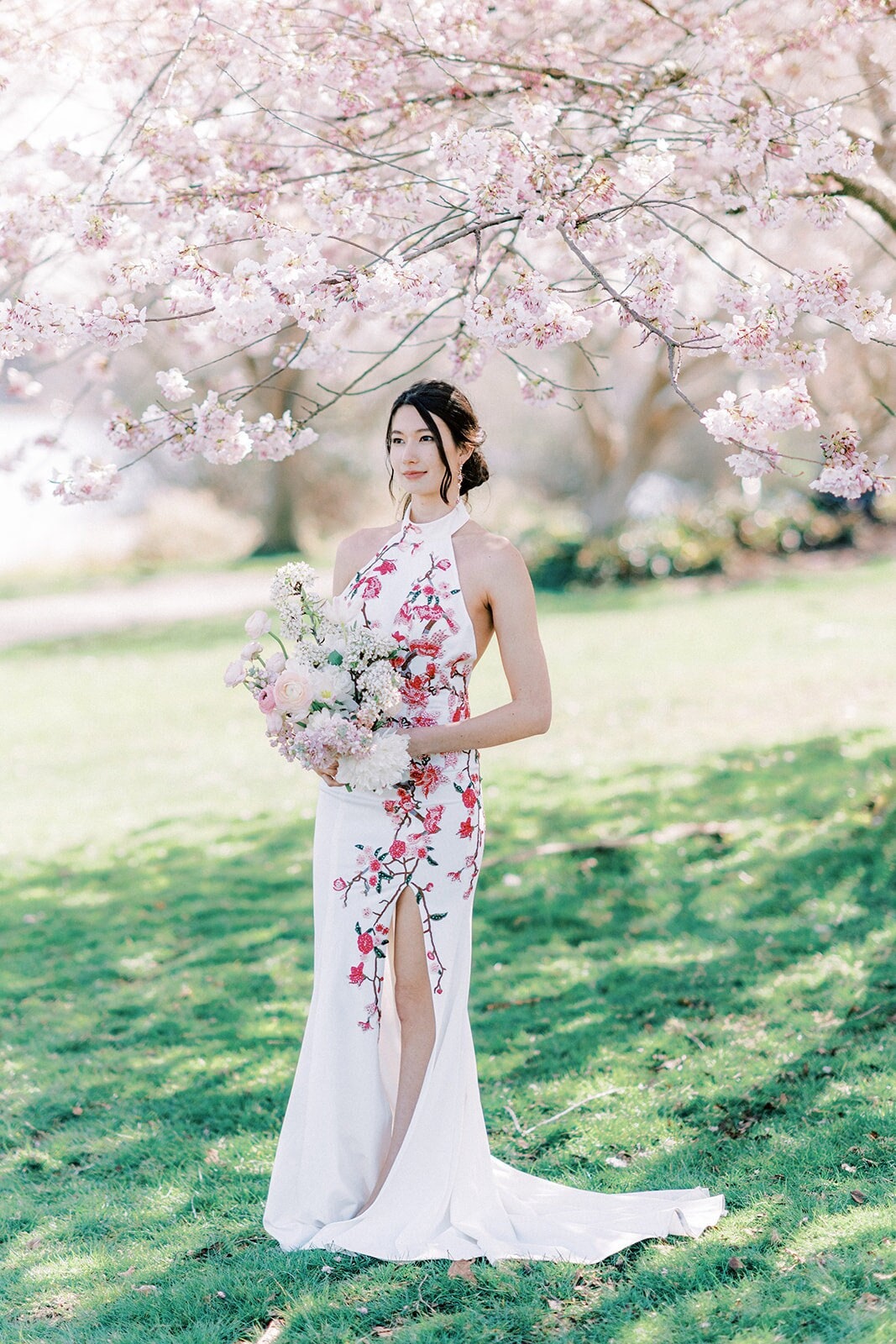 White Floral Cheongsam Dress, Halter Top Qipao, Chinese