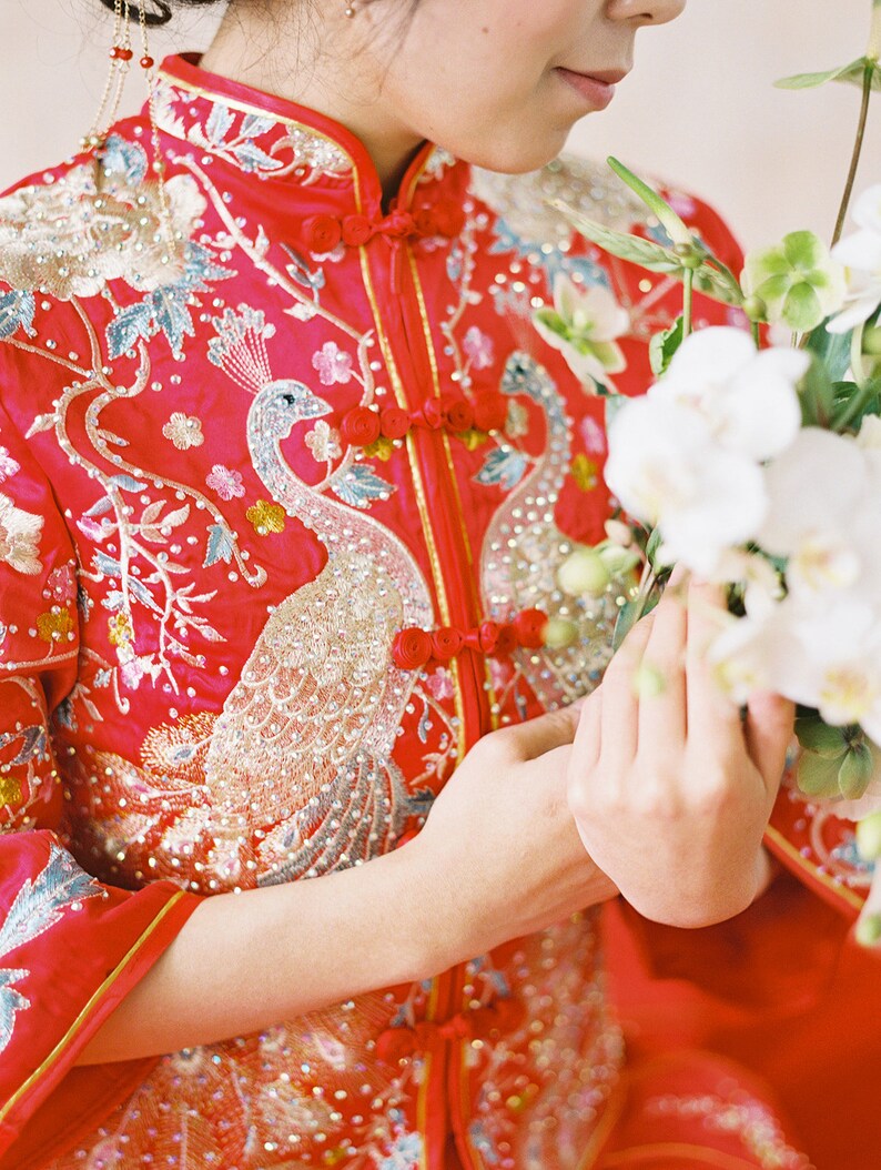 Tube top trailing royal blue strapless fishtail cheongsam wedding dresses brocade long