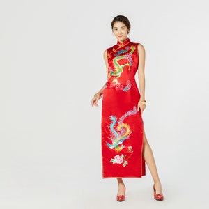 Dragon & Phoenix Cheongsam | Chinese Wedding Dress | Cheongsam Qipao Dress | Traditional Qipao Dress | Tea Ceremony Silk Chinese Dress