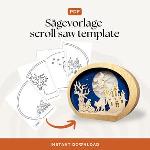 May include: A digital PDF scroll saw template featuring Halloween designs including a haunted house, a witch on a broom, a spooky tree, and pumpkins. The set includes a finished wooden layered display piece showing these elements in a circular frame.