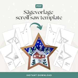 Peut inclure: Un modèle de scie à chantourner en forme d'étoile avec une scène de chalet d'hiver, entouré de plusieurs modèles de contours en forme d'étoile. L'étoile principale a un cadre en bois, un fond bleu et une cabane avec des arbres enneigés. Le texte comprend "Sägevorlage scroll saw template".