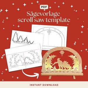 May include: A wooden scroll saw template with the text "Sägevoralge scroll saw template" and "Instant Download" on a red background. The template includes a wooden Christmas scene with a star and trees, and several paper templates.