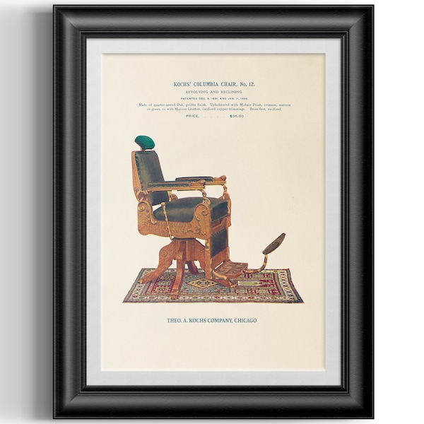 Art Nouveau barber chair wall art poster print, reproduction print from vintage early 1900s Barber's catalogue