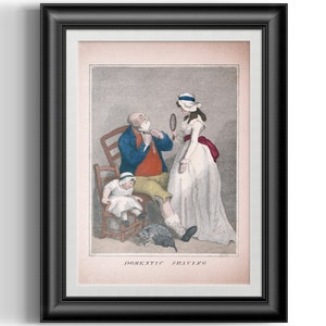 1700s vintage stippled etching reproduction print of a woman helping a man with shaving. Great addition to your barber shop decor.